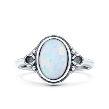 Vintage Style Petite Dainty Lab Created White Opal Ring Solid Oval Oxidized 925 Sterling Silver